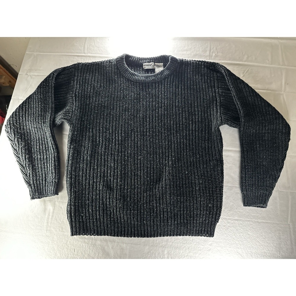 VTG 90s Basic Editions Chunky Chenille Ribbed Crewneck Sweater Charcoal Large